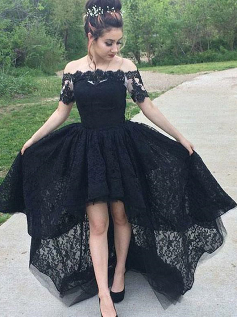 Short Sleeves Black Lace High Low Prom Dresses, Black High Low