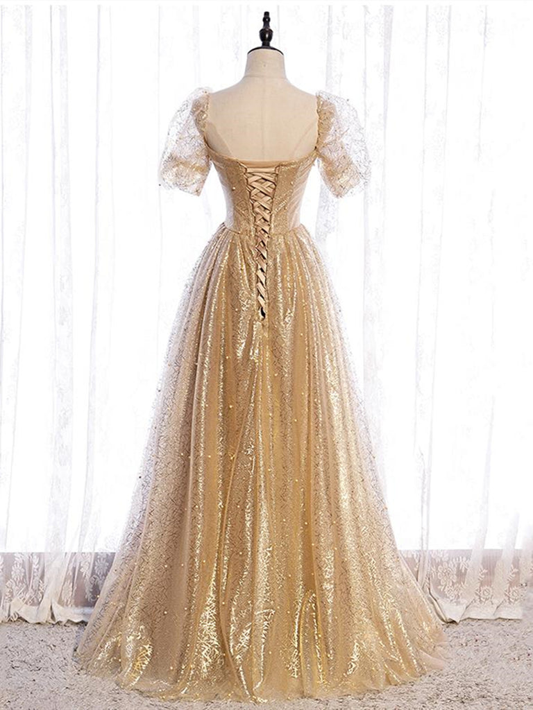 gold tulle dress Short Sleeves V Neck Gold Tulle Long Prom Dresses, Gold Tulle Long For – jbydress