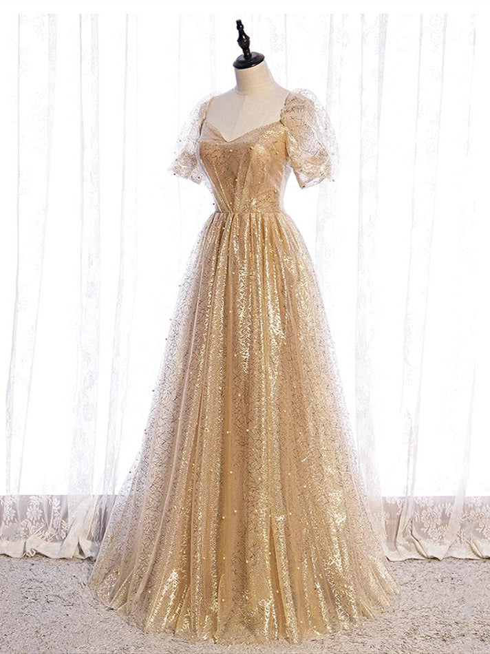 Short Sleeves V Neck Gold Tulle Long Prom Dresses, Gold Tulle Long For jbydress Short Sleeves V Neck Gold Tulle Long Prom Dresses, Gold Tulle Long For jbydress