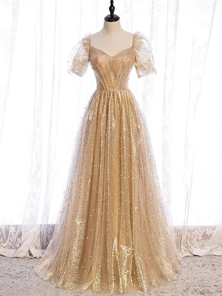 Short Sleeves V Neck Gold Tulle Long Prom Dresses, Gold Tulle Long For jbydress Short Sleeves V Neck Gold Tulle Long Prom Dresses, Gold Tulle Long For jbydress