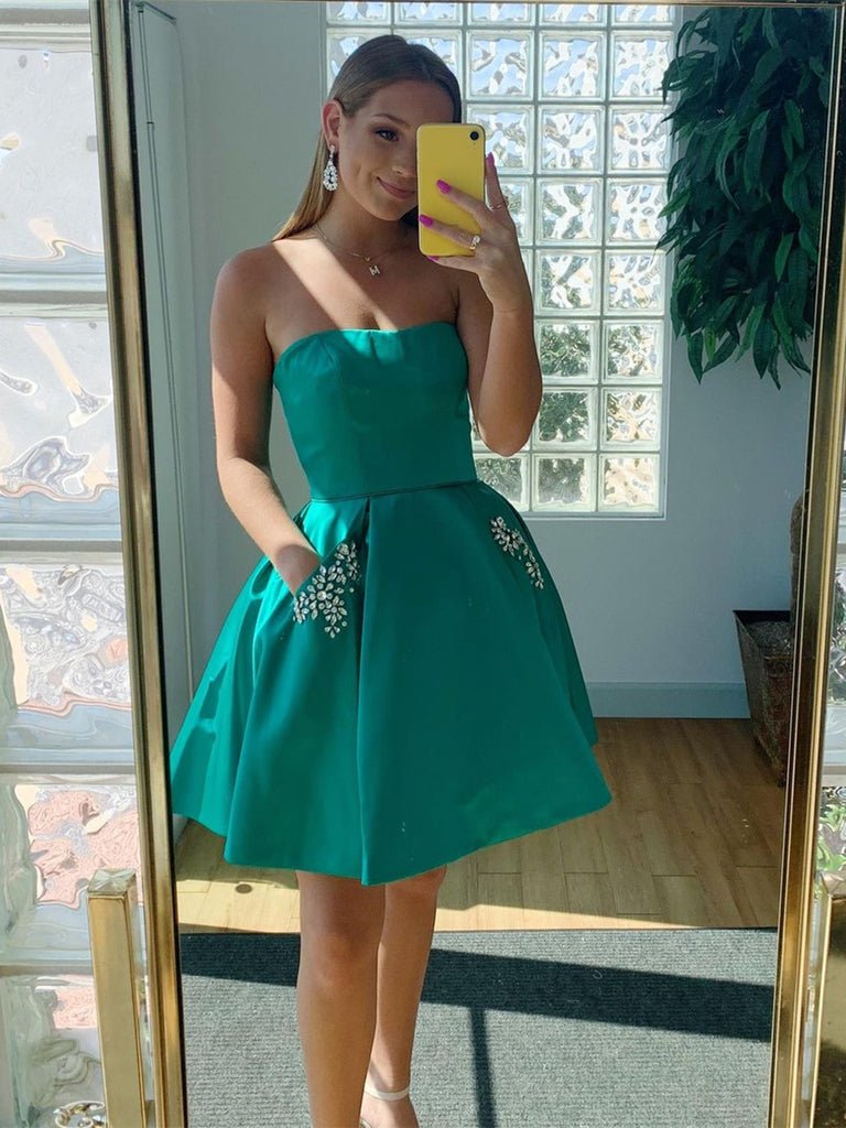 Short Strapless Green Prom Dresses with Pockets, Strapless Short Green jbydress Short Strapless Green Prom Dresses with Pockets, Strapless Short Green jbydress