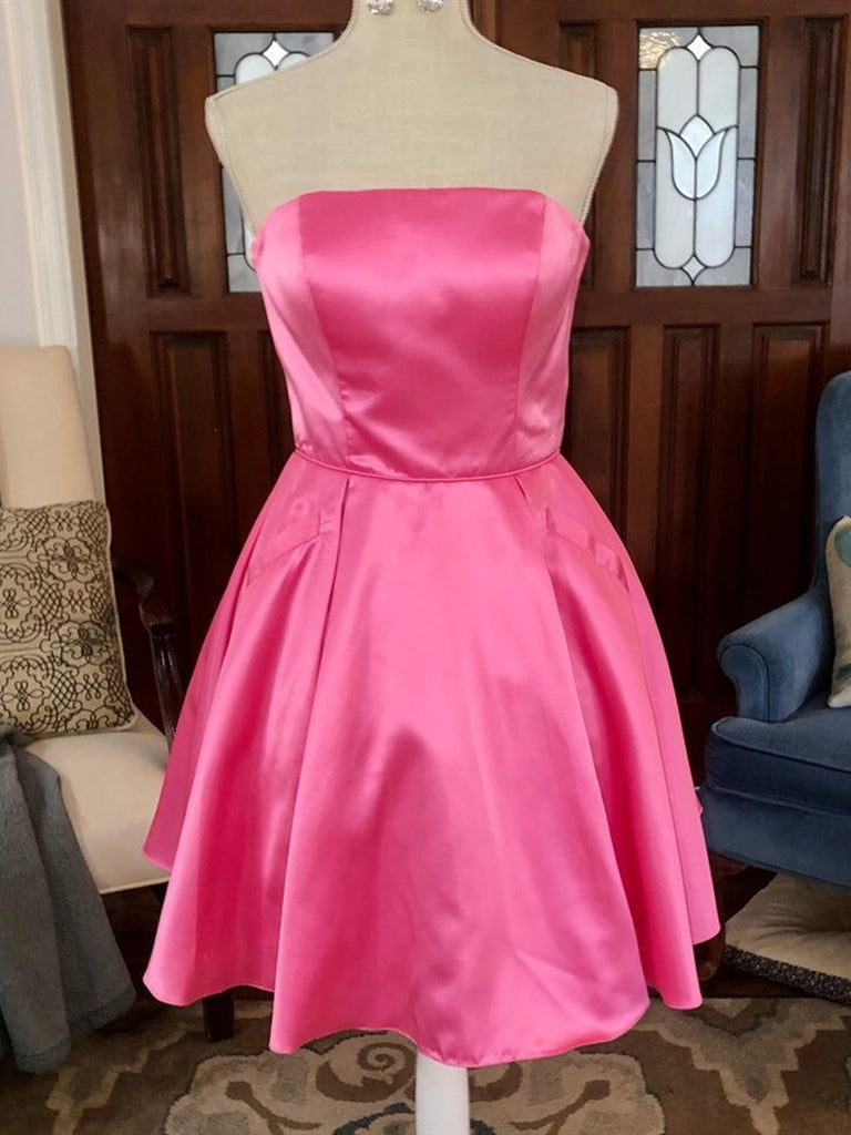 Short Strapless Pink Prom Dresses, Short Pink Graduation Homecoming Dresses