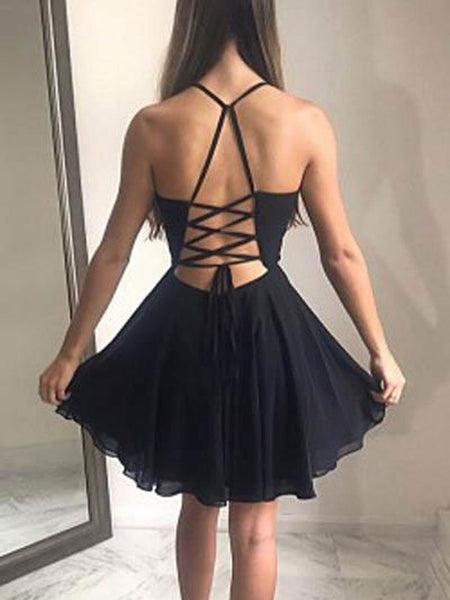 Short V Neck Black Chiffon Prom Dresses, V Neck Short Black Graduation