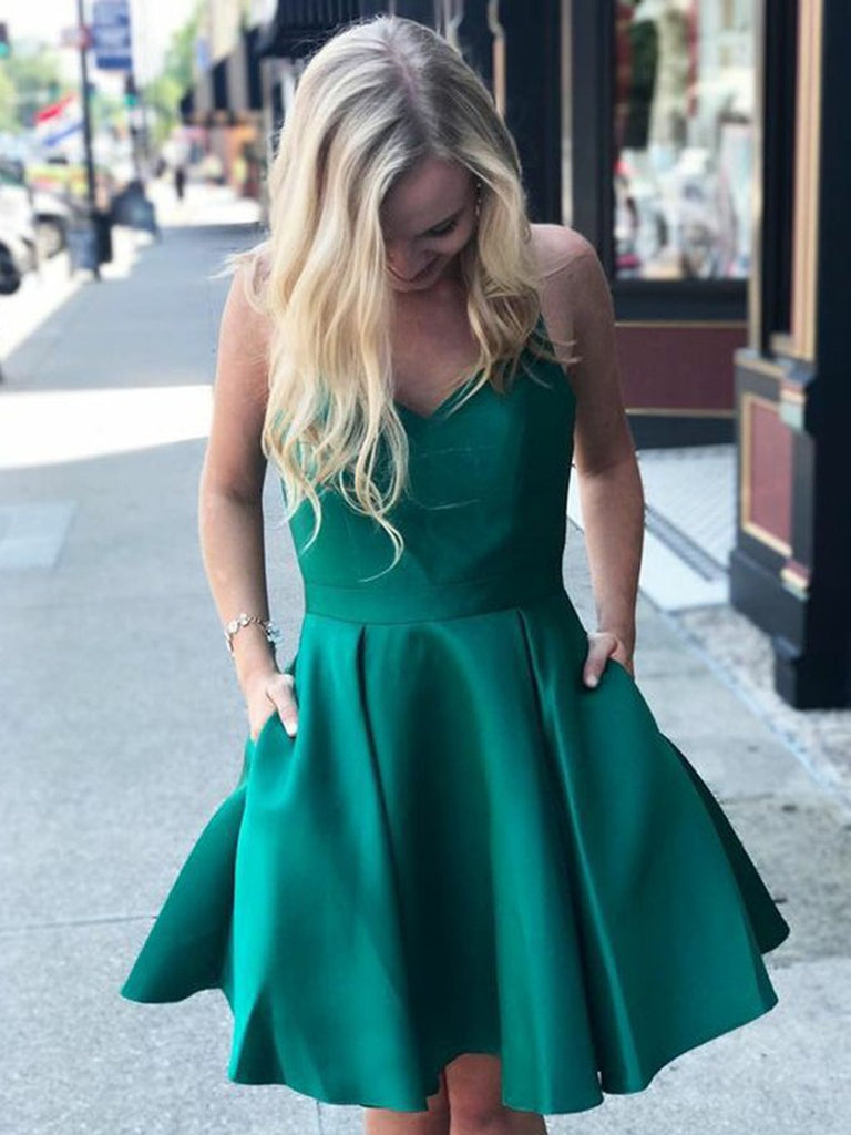 Short V Neck Green Satin Prom Dresses, Short Green Satin Graduation Ho jbydress Short V Neck Green Satin Prom Dresses, Short Green Satin Graduation Ho jbydress