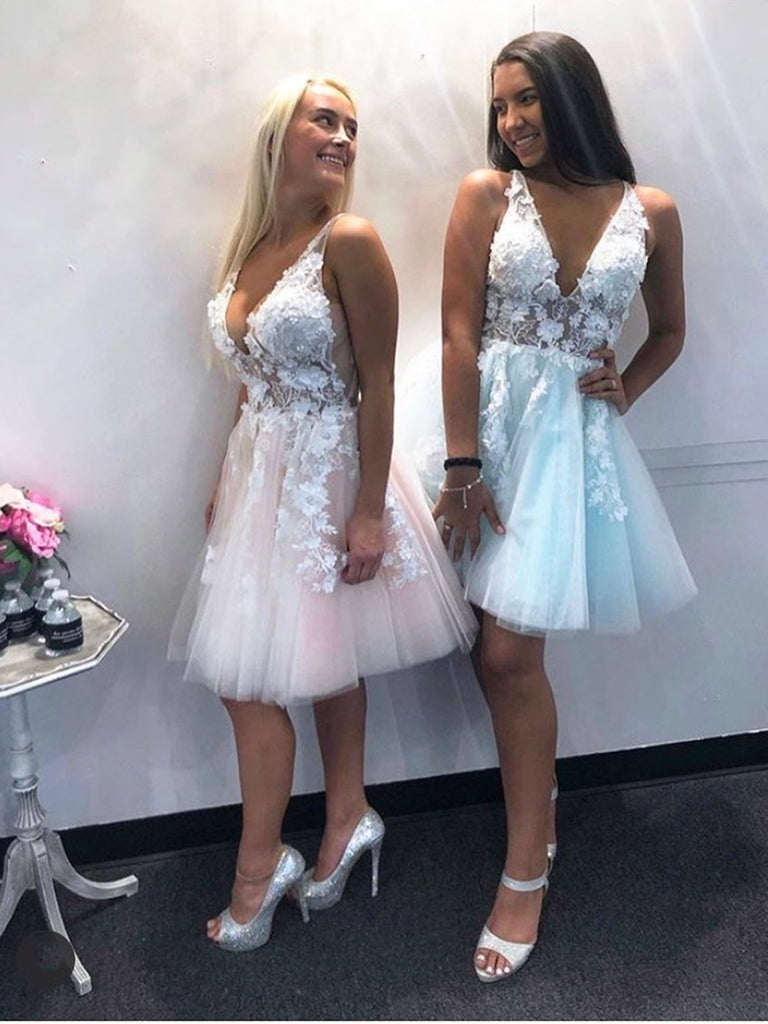 Short V Neck Pink Blue Lace Floral Prom Dresses, Short Pink Blue Lace jbydress Short V Neck Pink Blue Lace Floral Prom Dresses, Short Pink Blue Lace jbydress