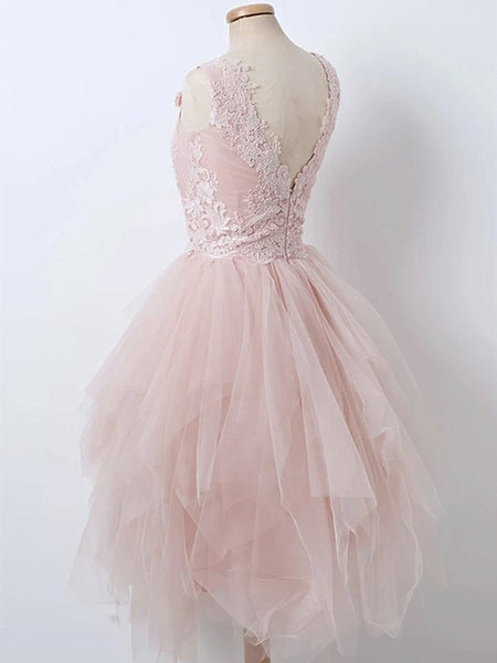Short V Neck Pink Lace Prom Dresses, Short Pink Lace Formal Homecoming Dresses