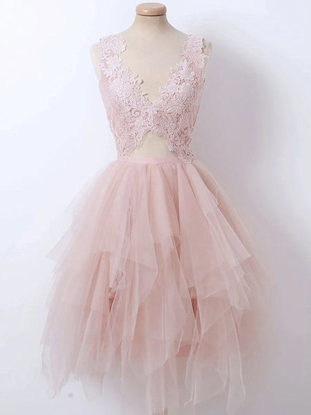 Short V Neck Pink Lace Prom Dresses, Short Pink Lace Formal Homecoming Dresses