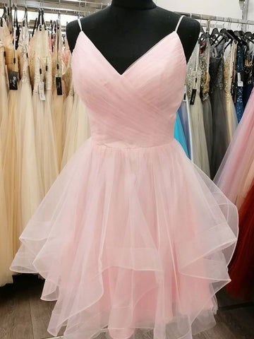 Short V Neck Pink Light Champagne Prom Dresses, V Neck Short Formal Graduation Dresses