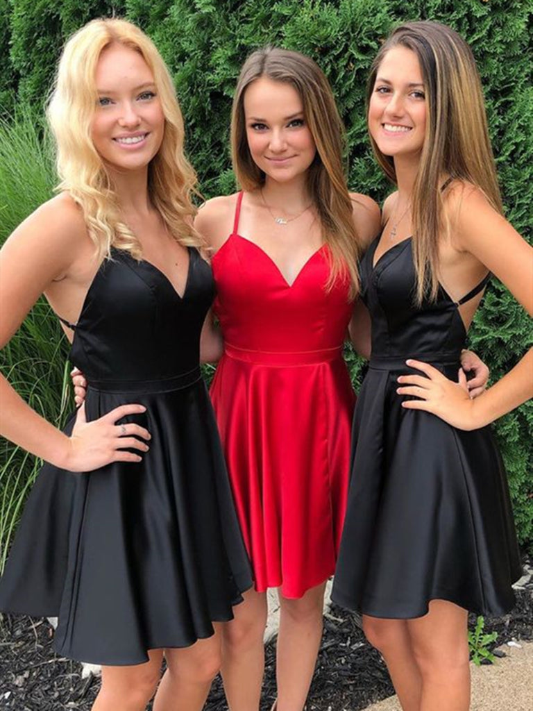 Short V Neck Red Black Prom Dresses, Short V Neck Red Black Graduation Homecoming Dresses