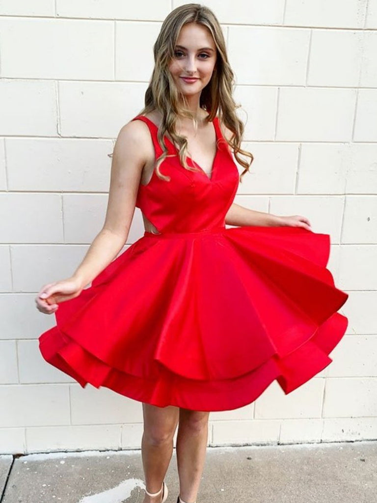 Summer Red Satin Short Red Prom Dresses For Women Deep V Neck
