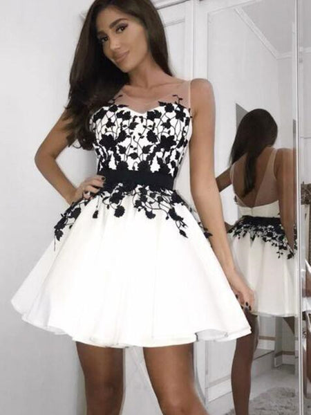 Short V Neck White Prom Dresses with Black Lace, Short Lace Homecoming Graduation Dresses