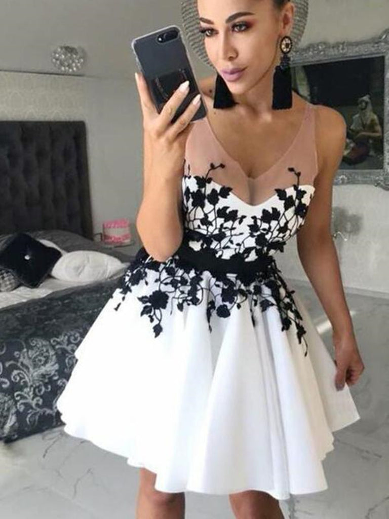 Short V Neck White Prom Dresses with Black Lace, Short Lace