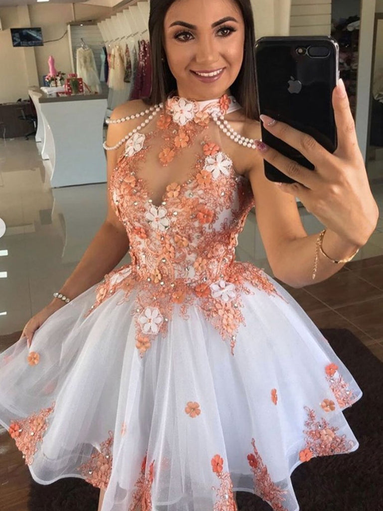 Short White Orange Lace Floral Prom Dresses, Short Orange Lace Formal jbydress Short White Orange Lace Floral Prom Dresses, Short Orange Lace Formal jbydress