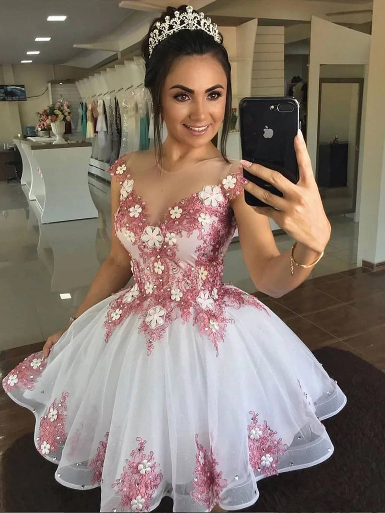 Short White Pink Lace Floral Prom Dresses, Short Pink White Lace Floral Graduation Homecoming Dresses