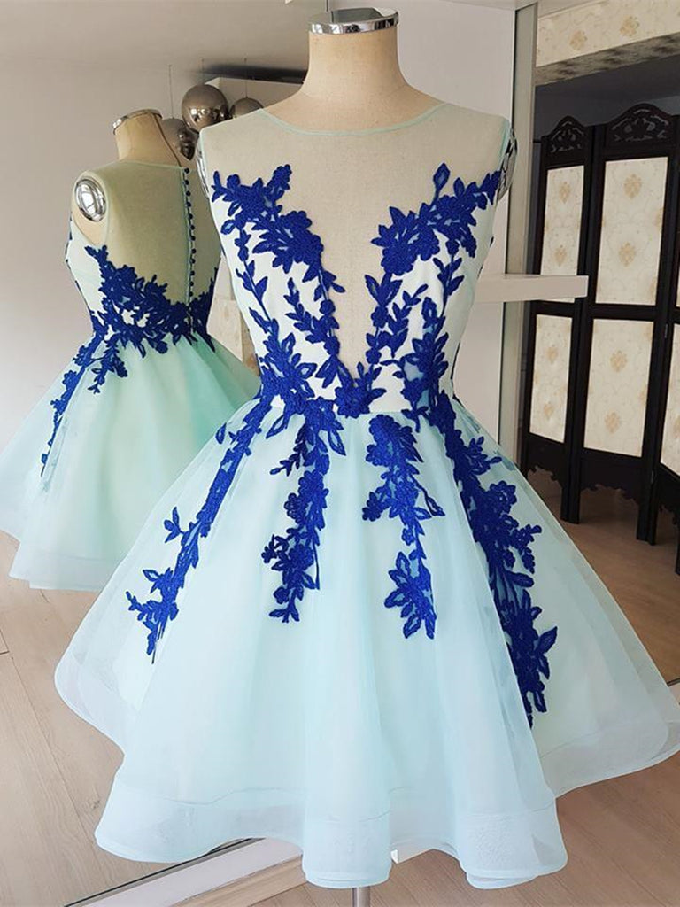 Short Blue Lace Tulle Prom Dresses, Short Blue Lace Homecoming Graduation Dresses