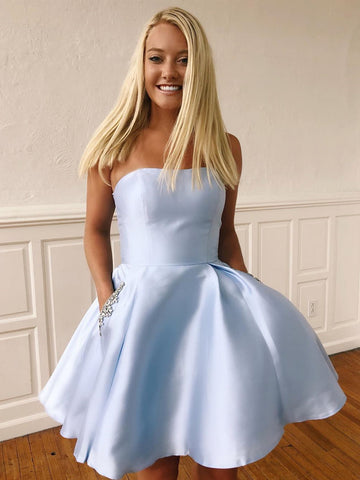 Short Blue Prom Dresses with Pockets, Short Blue Fomal Homecoming Graduation Dresses with Pockets