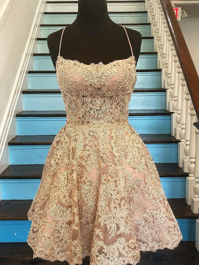 Short Champagne Backless Lace Prom Dresses, Short Lace Formal Graduati jbydress Short Champagne Backless Lace Prom Dresses, Short Lace Formal Graduati jbydress