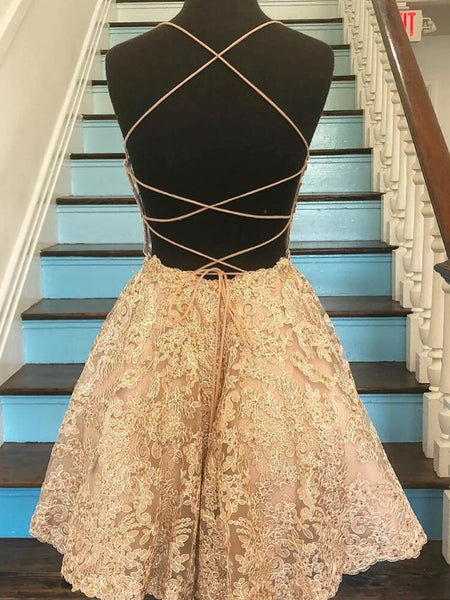 Short Champagne Backless Lace Prom Dresses, Short Lace Formal Graduation Homecoming Dresses