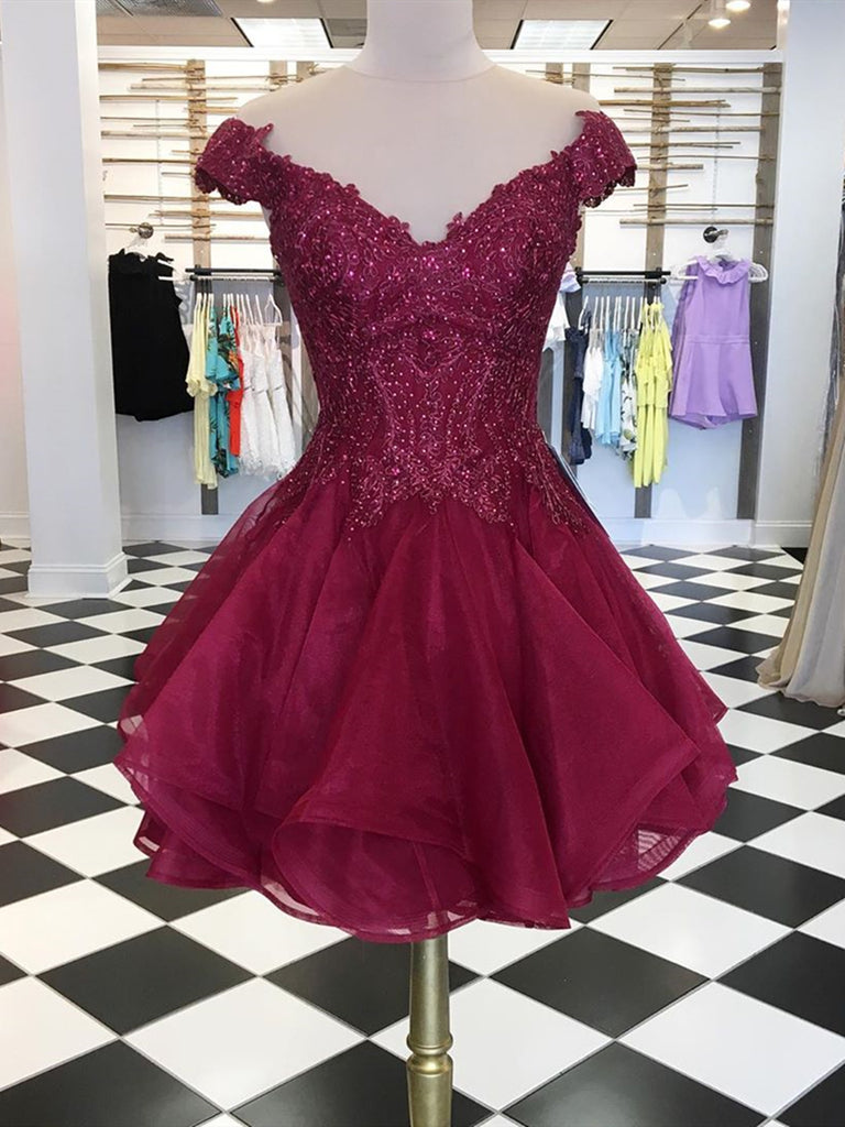 Short Off Shoulder Burgundy Lace Prom Dresses, Off the Shoulder Short – jbydress Short Off Shoulder Burgundy Lace Prom Dresses, Off the Shoulder Short – jbydress