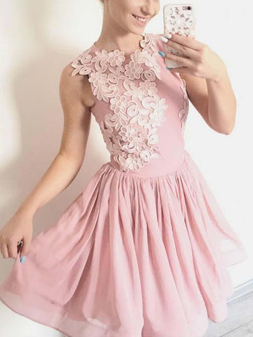 Short Pink Lace Prom Dresses, Short Pink Lace Floral Formal Graduation Homecoming Dresses