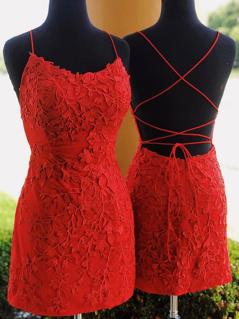 Short Red Backless Lace Prom Dresses, Short Red Backless Lace Formal Homecoming Graduation Dresses