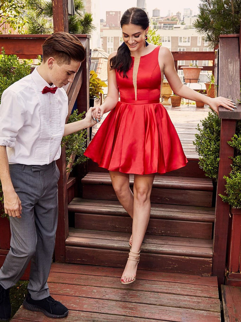 Short Red Prom Dresses, Round Neck Short Red Formal Homecoming Dresses