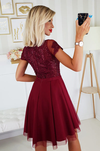 Short Sleeves Burgundy Lace Prom Dresses, Short Sleeves Burgundy Lace Formal Homecoming Dresses
