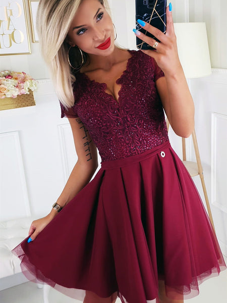 Short Sleeves Burgundy Lace Prom Dresses, Short Sleeves Burgundy Lace