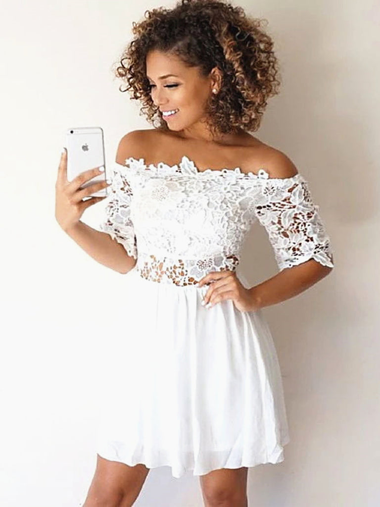 Short Sleeves Short White Lace Prom Dresses, Short White Lace Formal Homecoming Graduation Dresses