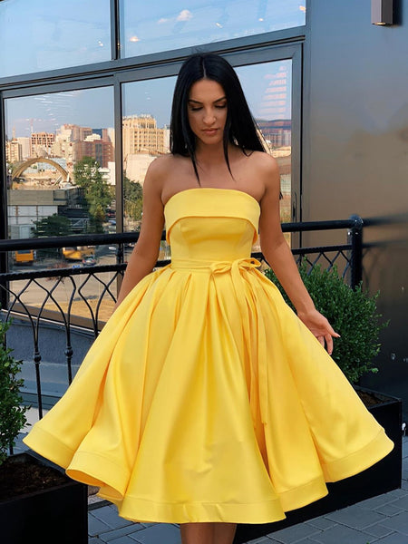 Short Strapless Pink Yellow Prom Dresses, Short Pink Yellow Formal Homecoming Dresses