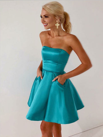 Short Strapless Prom Dress with Pockets, Short Formal Homecoming Dresses with Pocktes