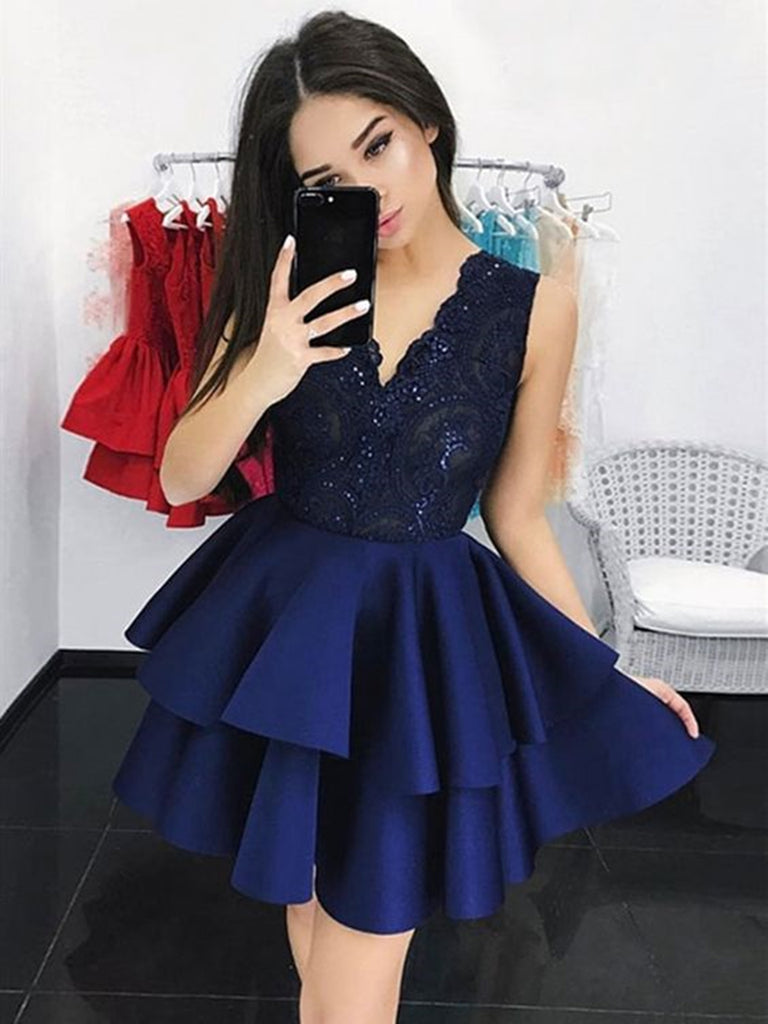 Short V Neck Navy Blue Lace Prom Dresses, Short Navy Blue Lace Graduat jbydress Short V Neck Navy Blue Lace Prom Dresses, Short Navy Blue Lace Graduat jbydress