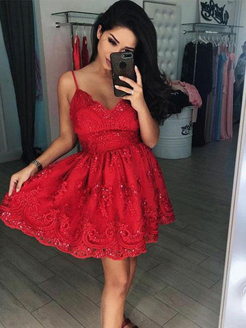 Short V Neck Red Lace Prom Dresses, Red V Neck Short Red Lace Formal Homecoming Dresses