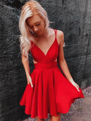 Short V Neck Red Prom Dress with Corset Back, Short Red Cocktail Graduation Homecoming Dresses