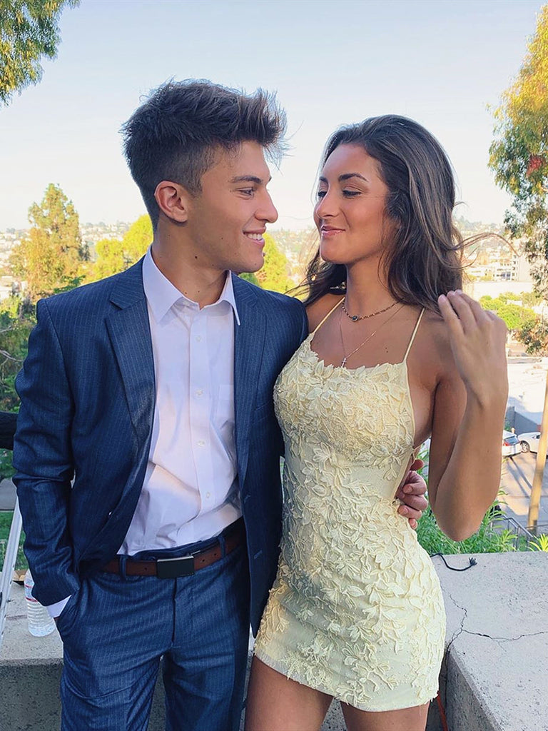 Short Yellow Backless Lace Prom Dresses, Short Backless Lace Formal Ho jbydress Short Yellow Backless Lace Prom Dresses, Short Backless Lace Formal Ho jbydress