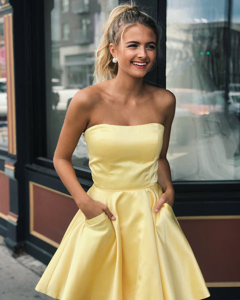 Short Yellow Prom Dresses with Pocket, Short Yellow Graduation Formal Dresses with Pockets