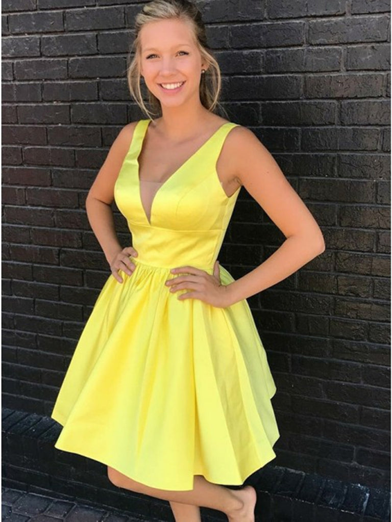 Short Yellow V Neck Prom Dresses, V Neck Short Yellow Formal Homecoming Dresses