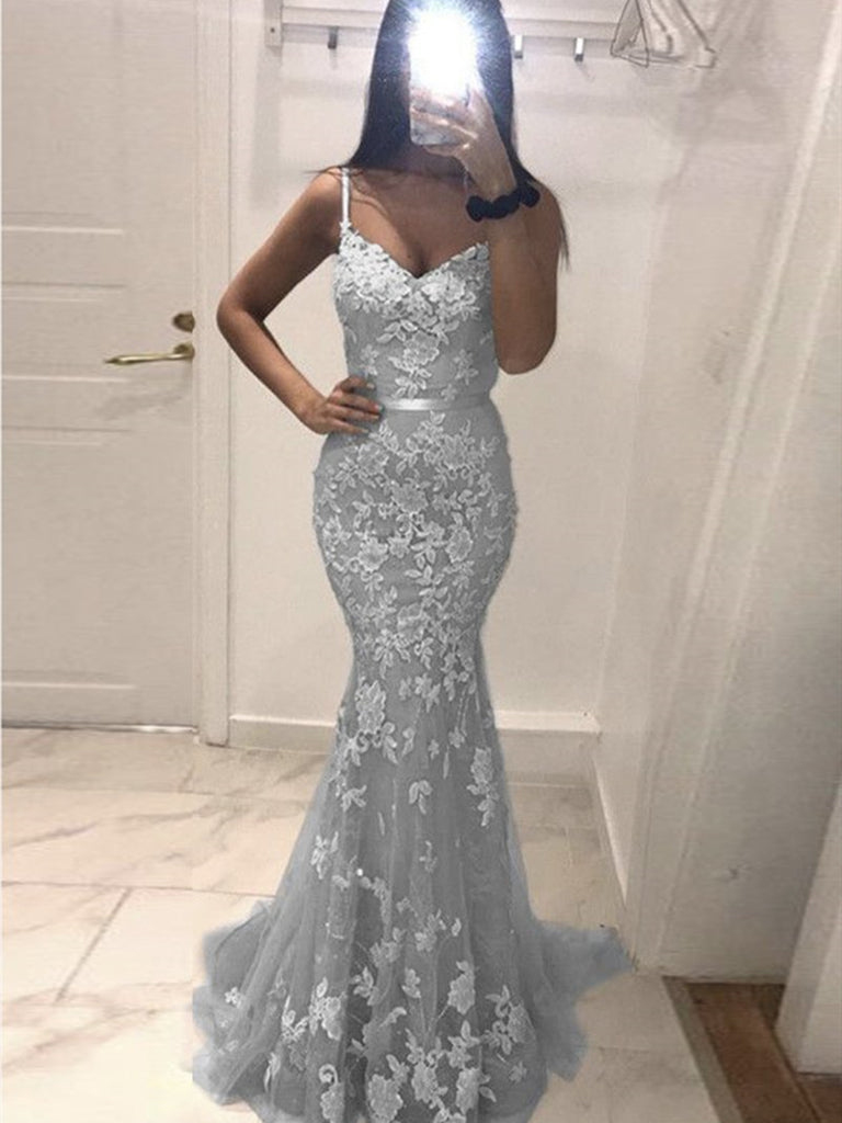 Silver Gray V Neck Mermaid Lace Prom Dresses, Gray Mermaid Lace Formal Evening Dresses