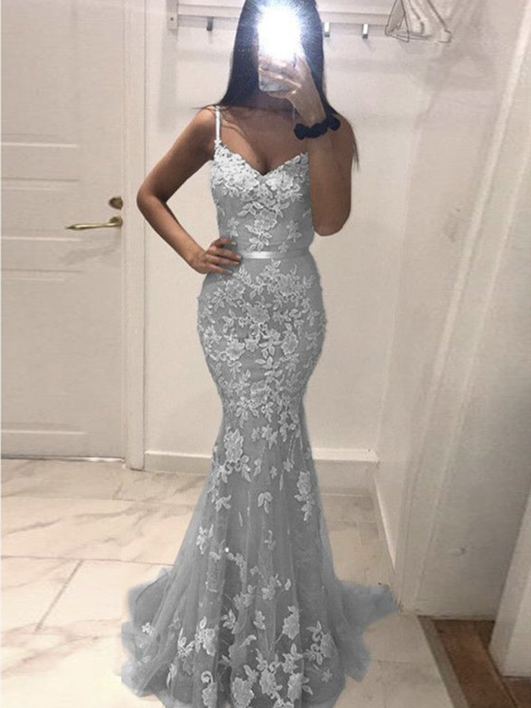 Silver Gray V Neck Mermaid Lace Prom Dresses, Gray Mermaid Lace Formal jbydress Silver Gray V Neck Mermaid Lace Prom Dresses, Gray Mermaid Lace Formal jbydress