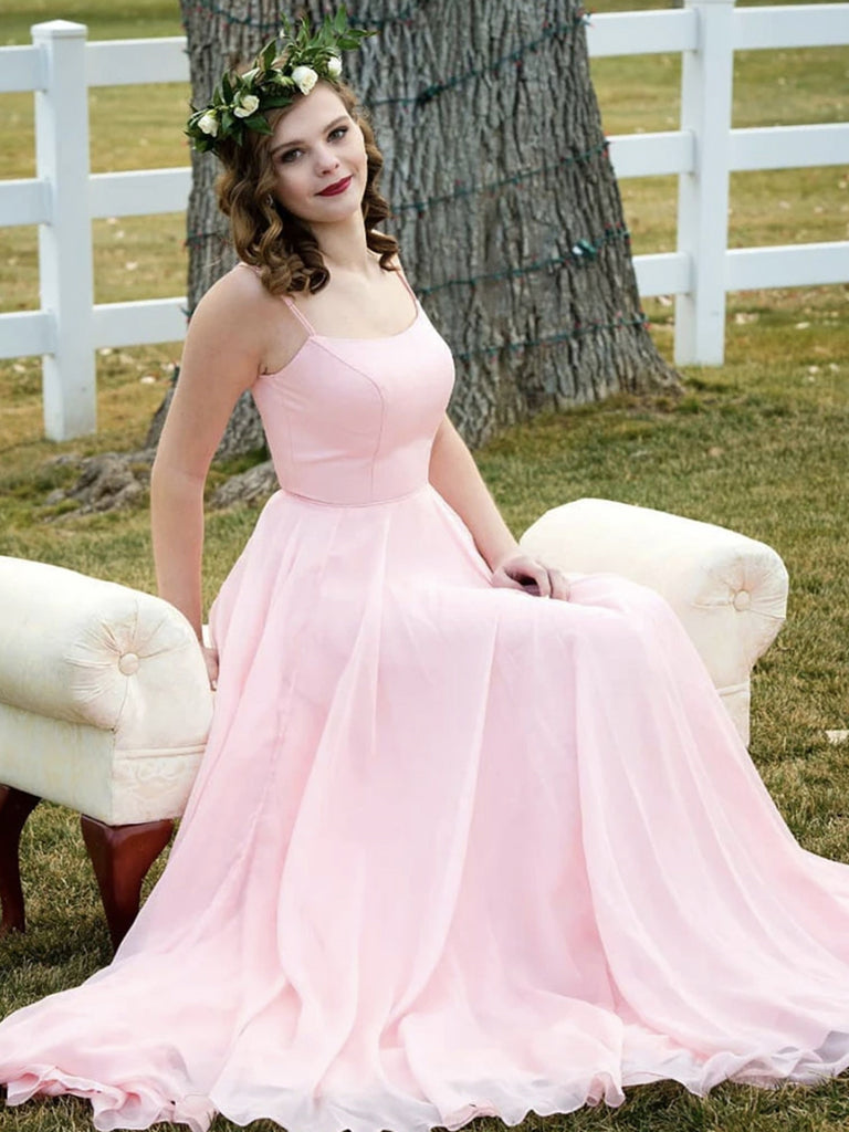Simple Double Straps Pink Long Prom Dresses, Pink Long Formal Evening Dresses