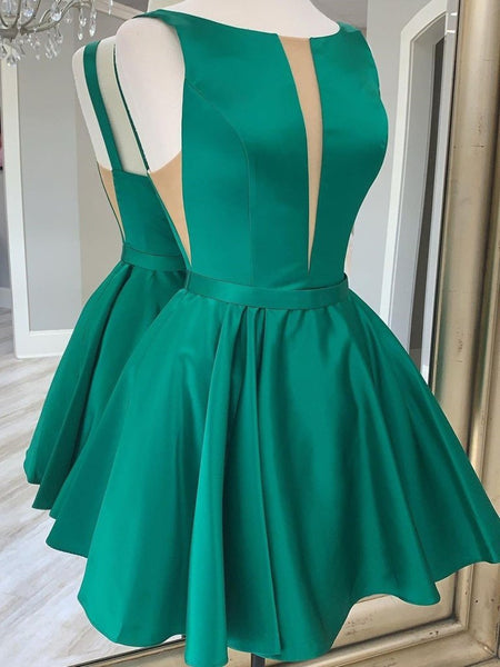 Simple Short Blue Green Mini Satin Prom Dresses, Short Blue Green Formal Homecoming Dresses