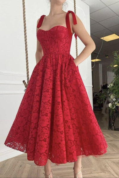 Simple Tea Length Red Lace Prom Dresses, Red Tea Length Lace Formal Evening Dresses