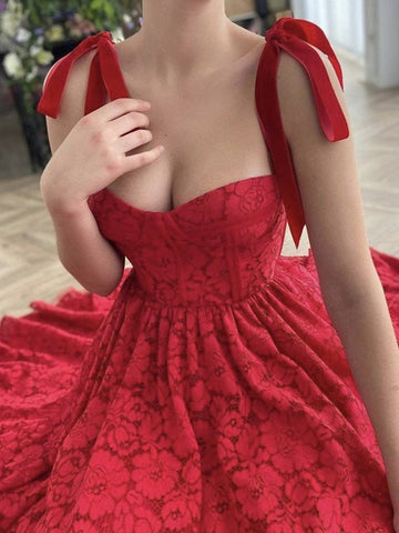 Simple Tea Length Red Lace Prom Dresses, Red Tea Length Lace Formal Evening Dresses