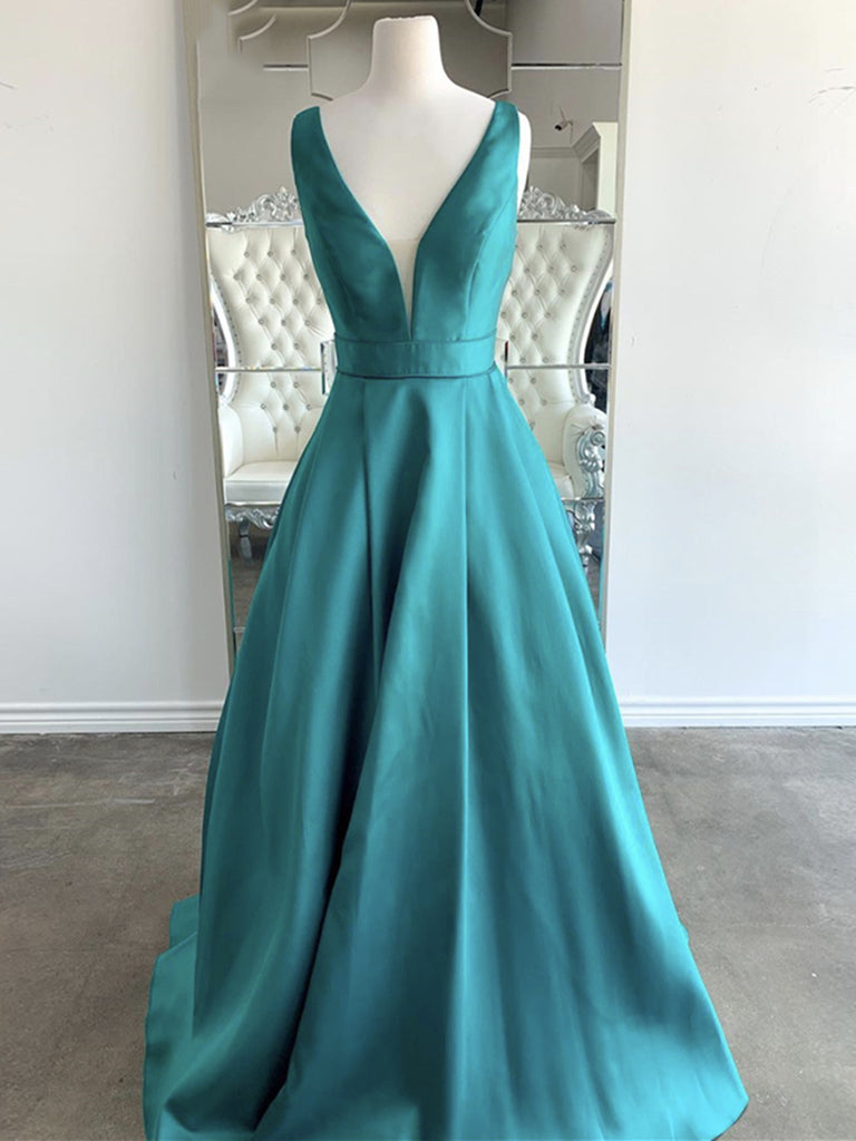 Simple V Neck Green Satin Long Prom Dresses, Backless Green V Neck Sat jbydress Simple V Neck Green Satin Long Prom Dresses, Backless Green V Neck Sat jbydress
