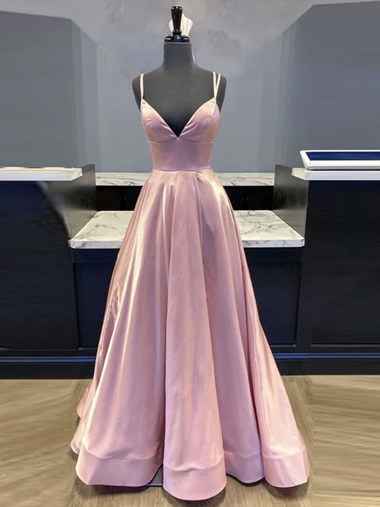 Simple A Line V Neck Pink Satin Long Prom Dresses, V Neck Pink Formal Evening Dresses
