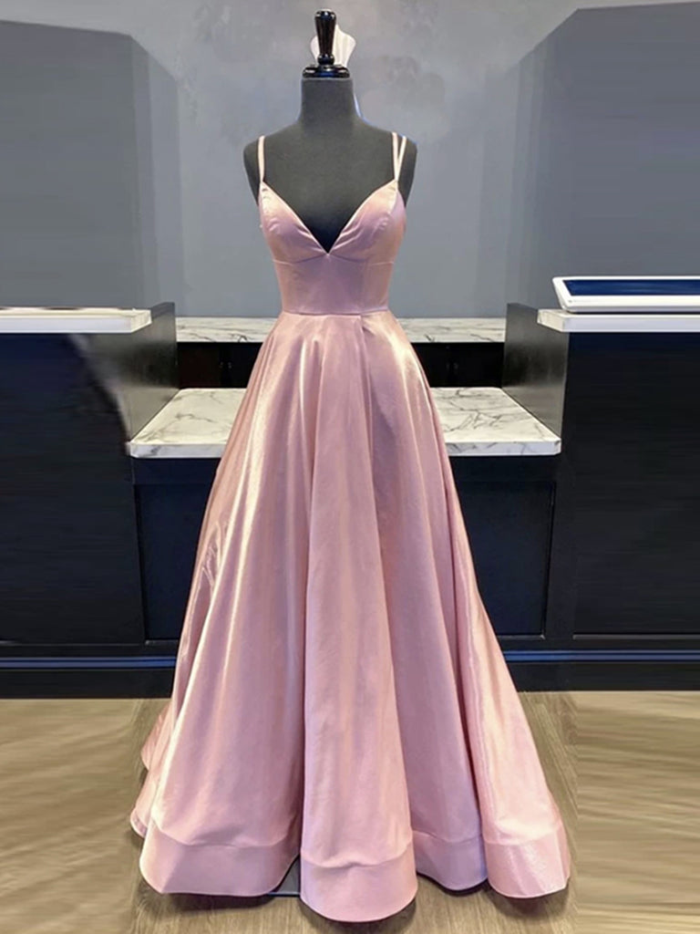 Simple A Line V Neck Pink Satin Long Prom Dresses, V Neck Pink Formal jbydress Simple A Line V Neck Pink Satin Long Prom Dresses, V Neck Pink Formal jbydress