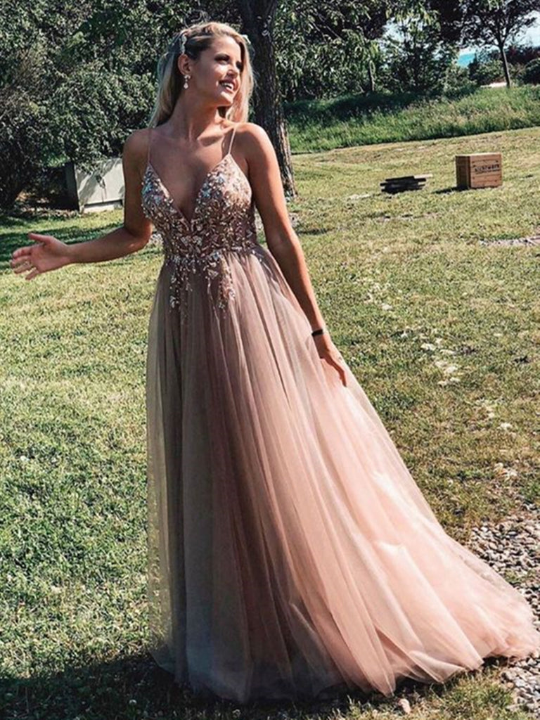 Spaghetti Straps A Line V Neck Champagne Long Beaded Prom Dresses, Champagne V Neck Long Formal Evening Dress with Beadings