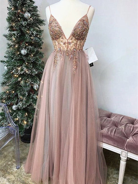 Spaghetti Straps A Line V Neck Champagne Long Beaded Prom Dresses, Champagne V Neck Long Formal Evening Dress with Beadings
