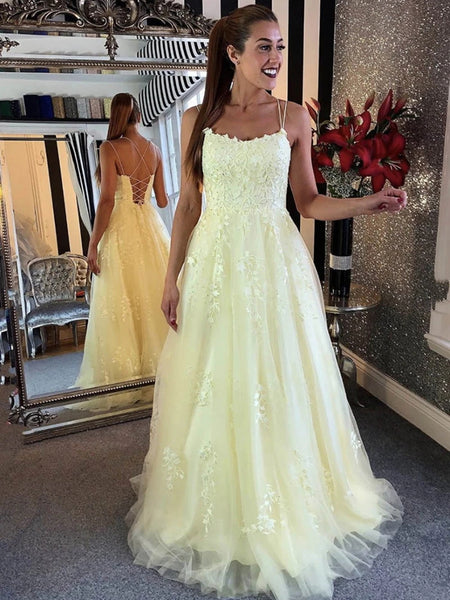 Spaghetti Straps Backless Yellow Lace Prom Dresses, Open Back Yellow Lace Formal Evening Dresses 2