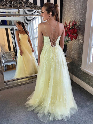 Spaghetti Straps Backless Yellow Lace Prom Dresses, Open Back Yellow Lace Formal Evening Dresses